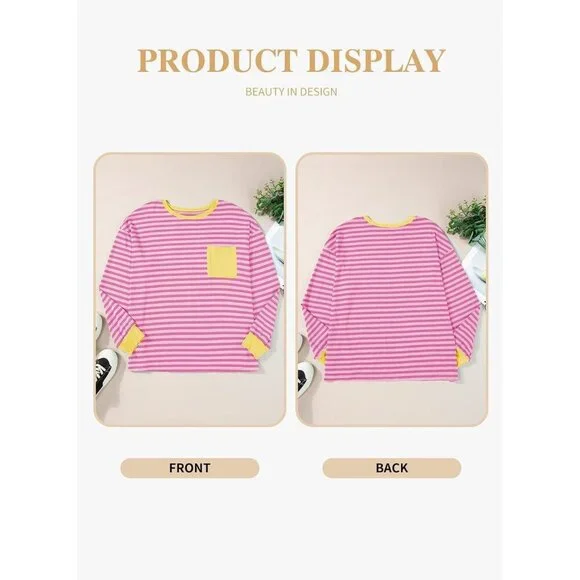 Plus Size Cozy Crewneck Long Sleeve Striped T-Shirt with Pocket for Women - Picture 4 of 5
